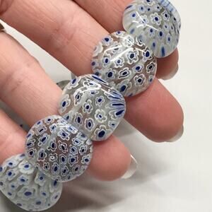Vintage Clear White Blue Milleflori Glass Panel Stretch Bracelet Tiny Flower